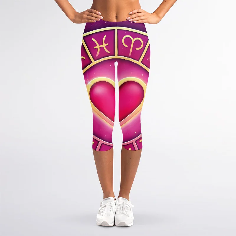 Pink Heart Zodiac Wheel Print Women's Capri Leggings Trendy Faux Suede Leggings