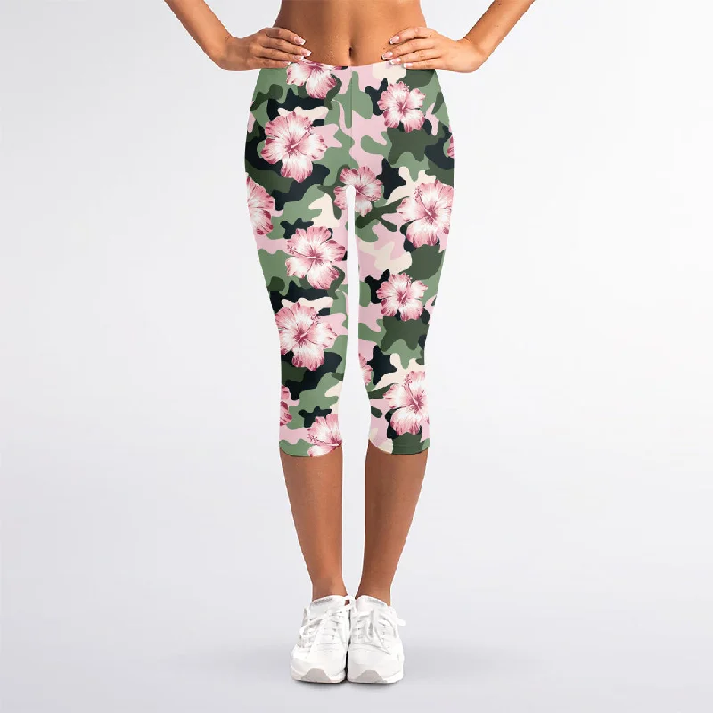 Pink Hibiscus Flower Camouflage Print Women's Capri Leggings Trendy Sporty Compression Leggings