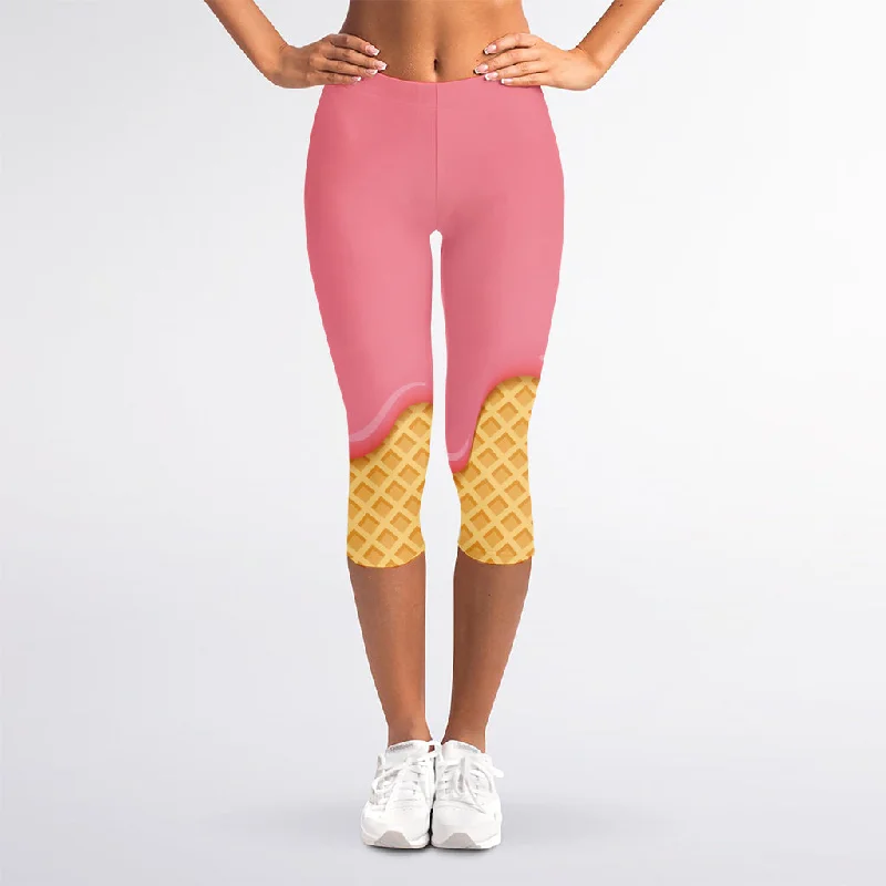 Pink Ice Cream Melted Print Women's Capri Leggings Comfortable Printed Workout Leggings