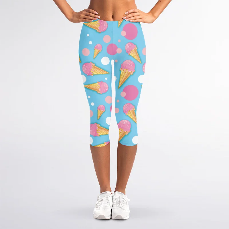 Pink Ice Cream Pattern Print Women's Capri Leggings Chic Smooth Fit Leggings