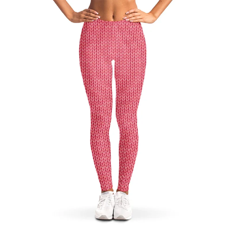 Pink Knitted Pattern Print Women's Leggings Cozy Ribbed Leggings