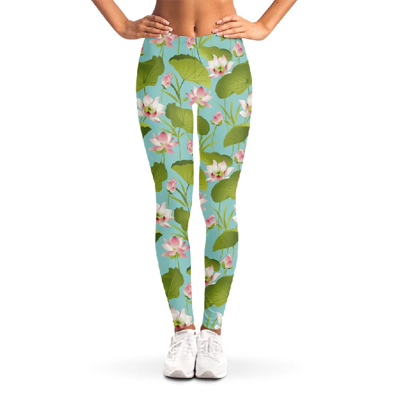 Pink Lotus Pattern Print Women's Leggings Stylish Stretch-Waist Leggings