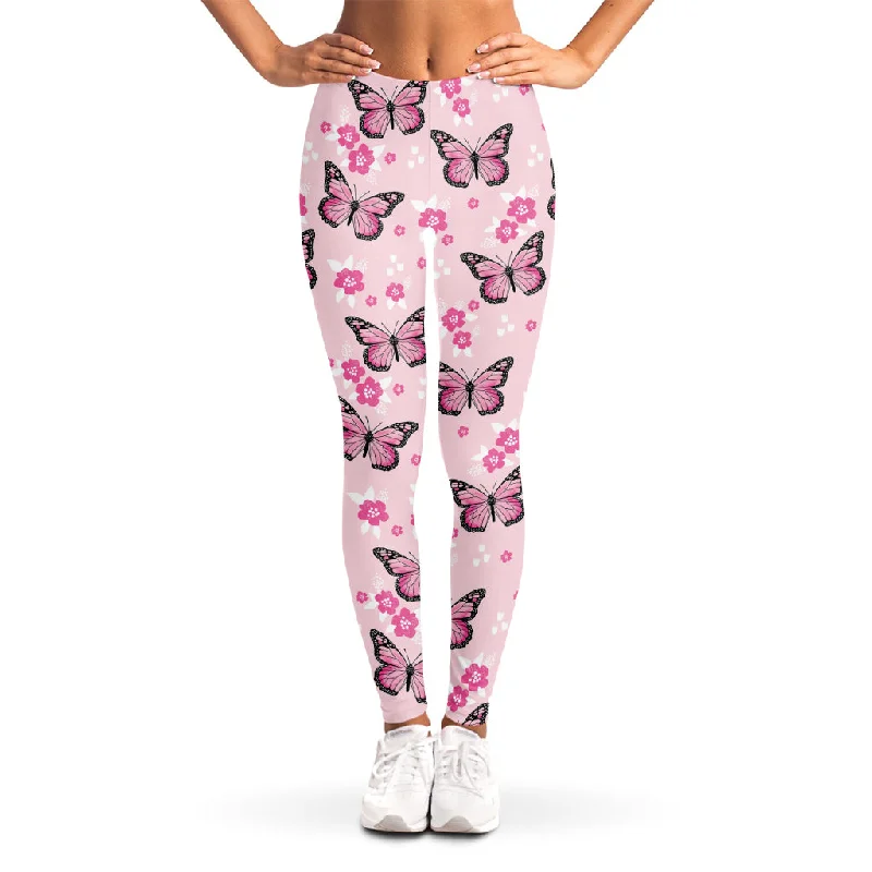 Pink Monarch Butterfly Pattern Print Women's Leggings Comfortable Lounge Leggings