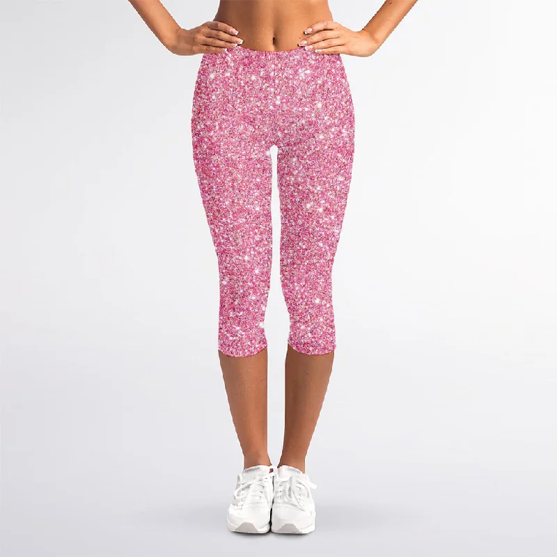 Pink (NOT Real) Glitter Print Women's Capri Leggings Trendy Seamless Sports Leggings