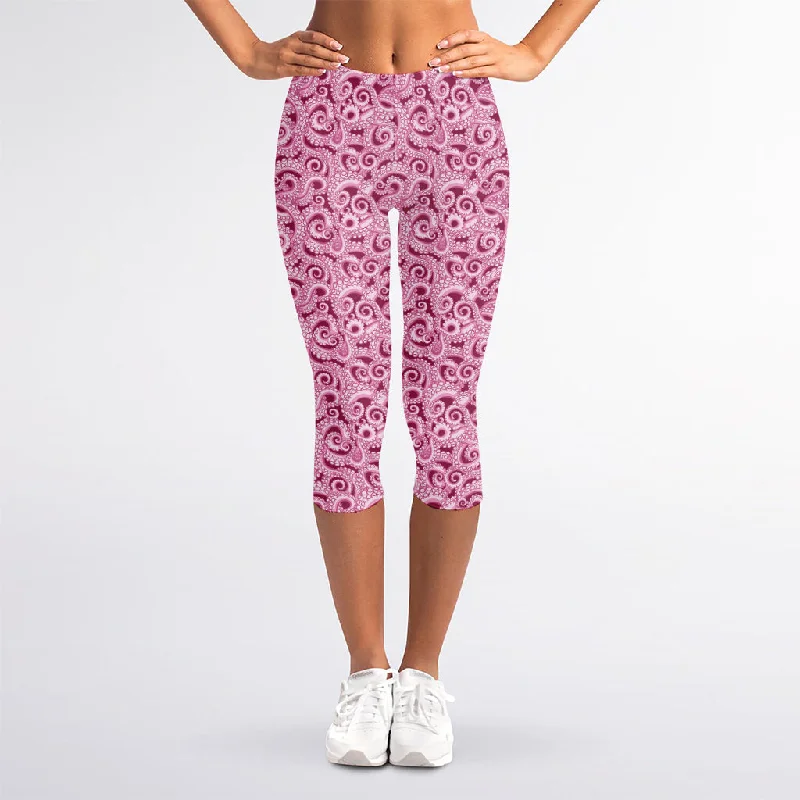 Pink Octopus Tentacles Pattern Print Women's Capri Leggings Elegant Satin Finish Leggings