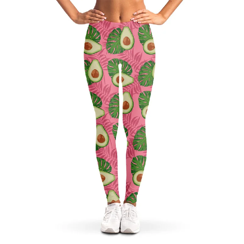 Pink Palm Leaf Avocado Print Women's Leggings Classic Solid Color Leggings