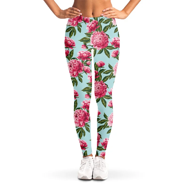 Pink Peony Pattern Print Women's Leggings Comfortable Plus Size Leggings