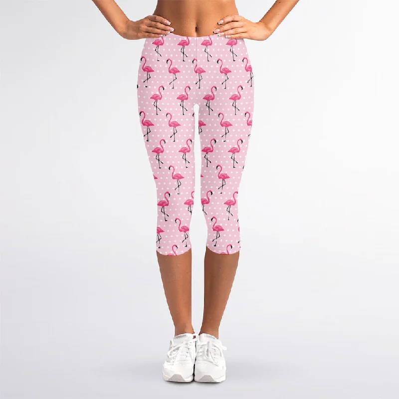 Pink Polka Dot Flamingo Pattern Print Women's Capri Leggings Trendy Sports Performance Leggings