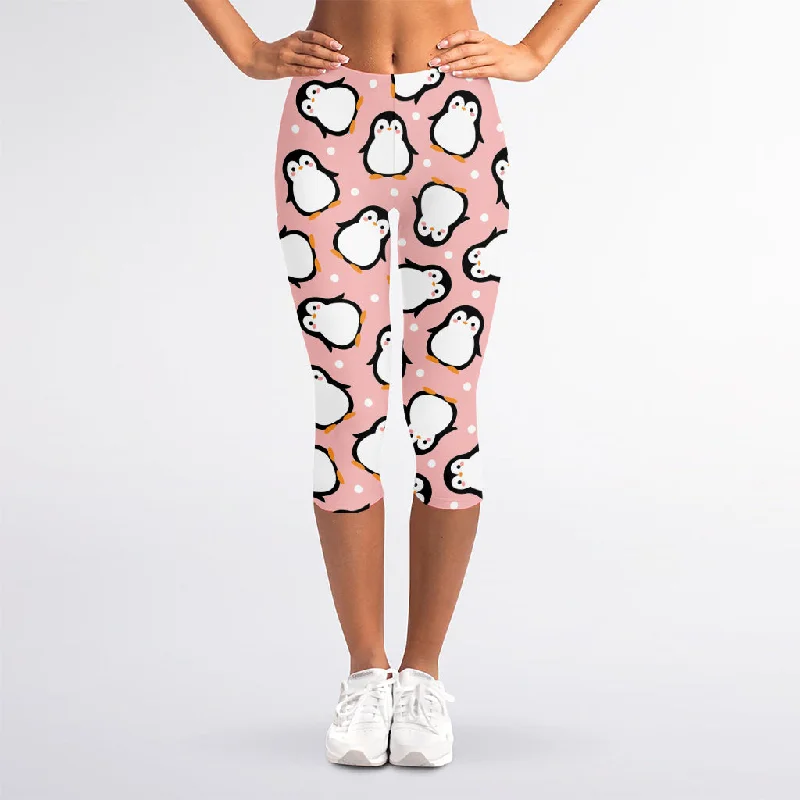 Pink Polka Dot Penguin Pattern Print Women's Capri Leggings Chic Floral Print Leggings