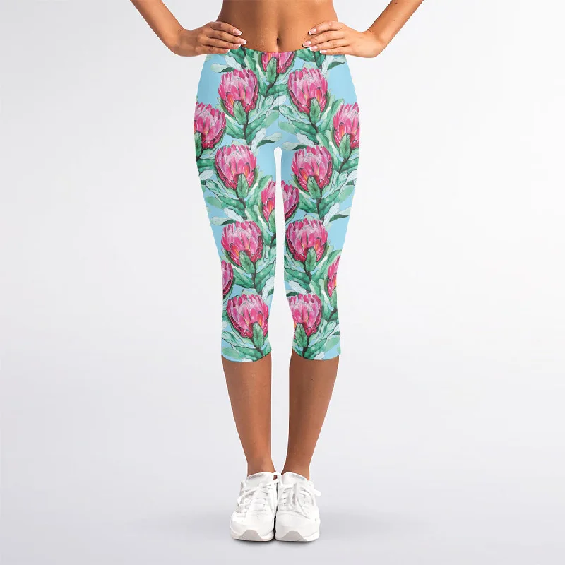 Pink Protea Pattern Print Women's Capri Leggings Cozy Bootcut Leggings