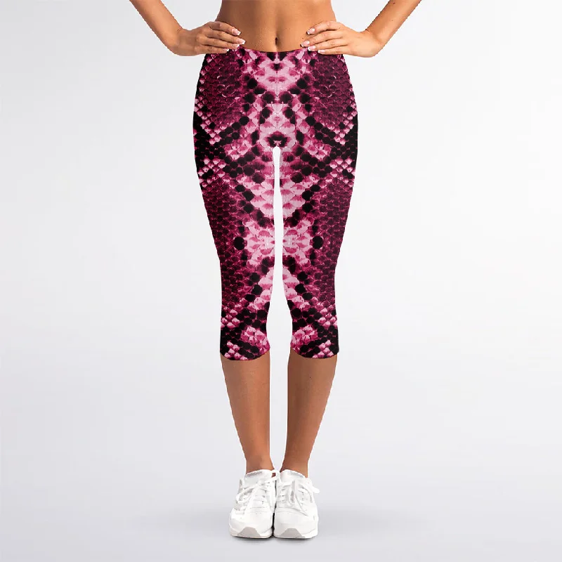 Pink Python Snakeskin Print Women's Capri Leggings Stylish Printed Stretch Leggings