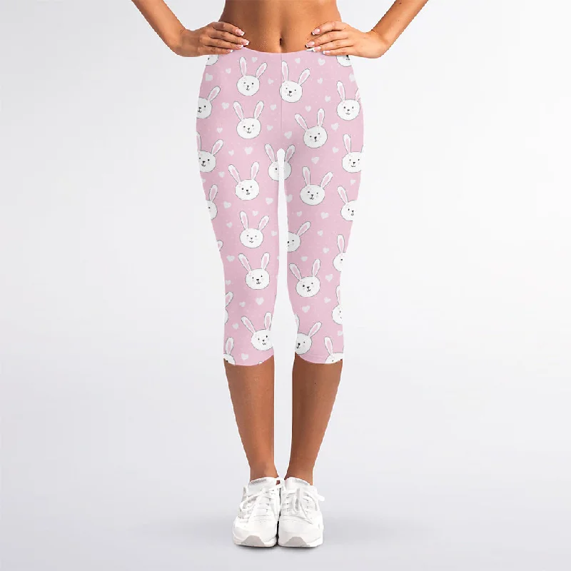 Pink Rabbit Pattern Print Women's Capri Leggings Fashionable Lacy Detail Leggings