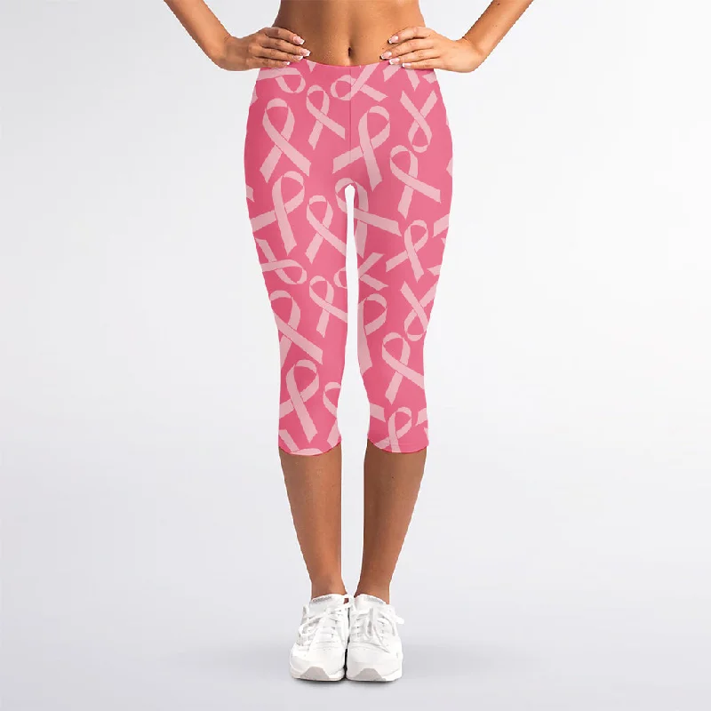 Pink Ribbon Breast Cancer Pattern Print Women's Capri Leggings Fashionable Printed Leggings