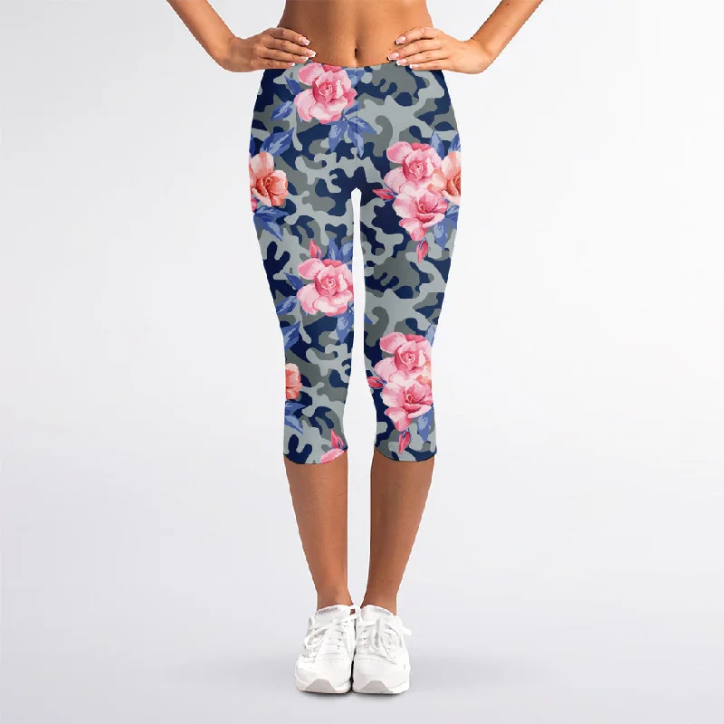 Pink Rose Flower Camouflage Print Women's Capri Leggings Elegant Black Leggings