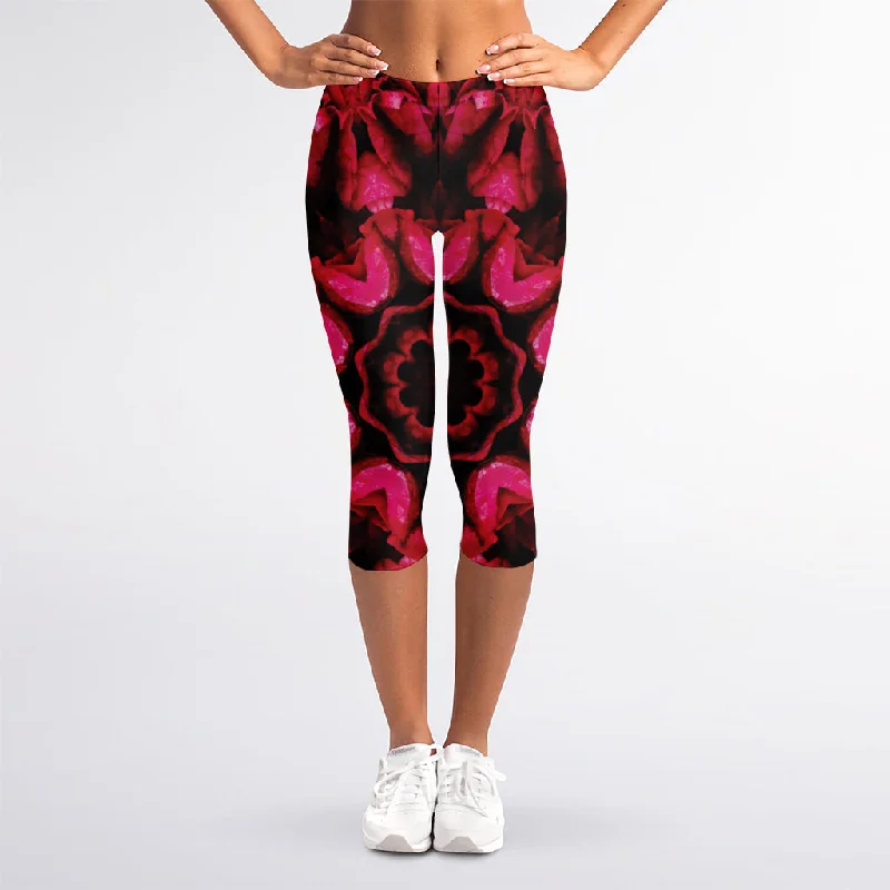 Pink Rose Kaleidoscope Print Women's Capri Leggings Fashionable Leather-Look Leggings