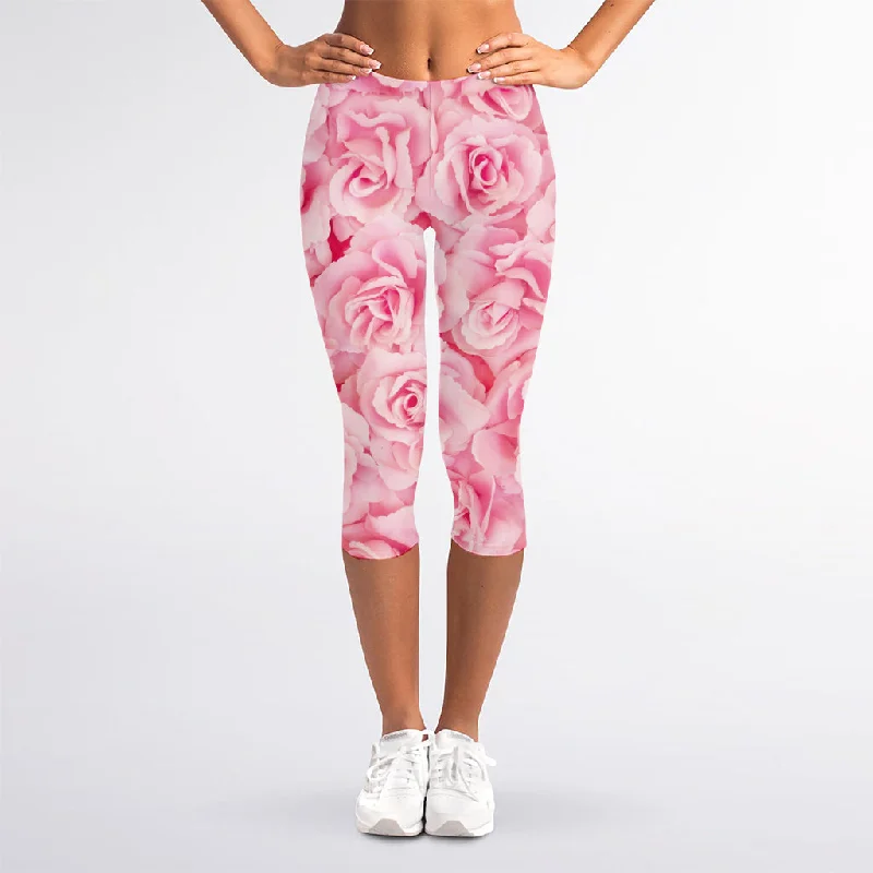 Pink Rose Print Women's Capri Leggings Comfortable Stretch Leggings