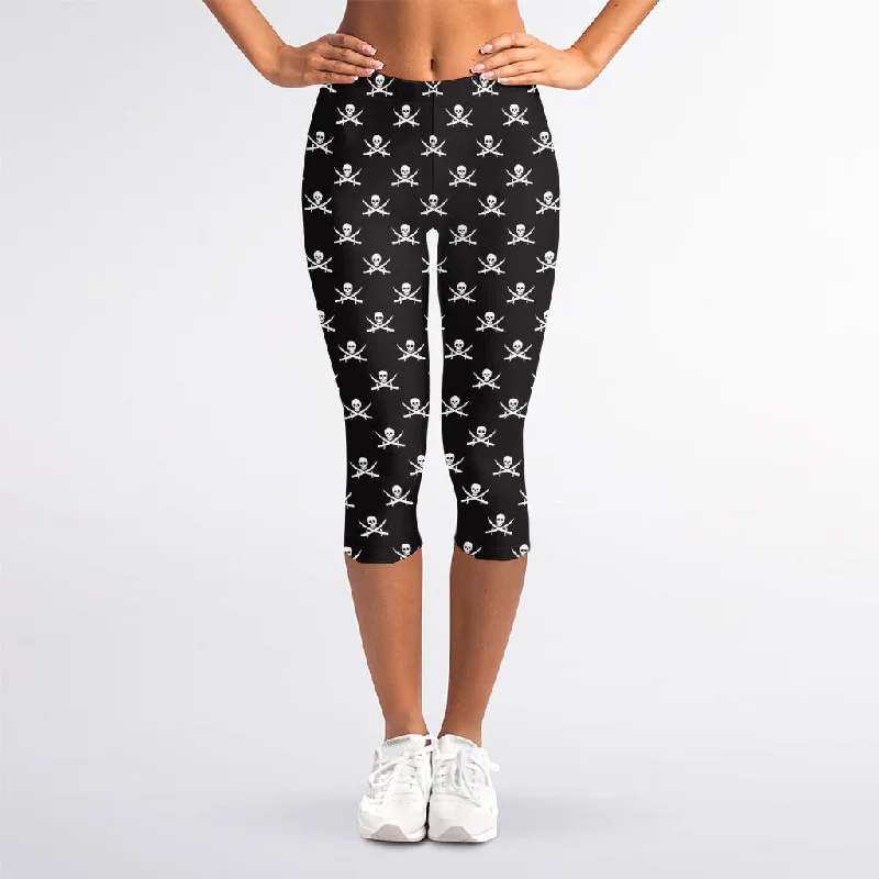 Pirate Skull Symbol Pattern Print Women's Capri Leggings Stylish Stretch Print Leggings