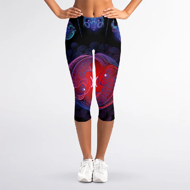 Pisces And Astrological Signs Print Women's Capri Leggings Trendy Sporty Compression Leggings