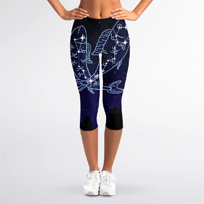 Pisces Constellation Print Women's Capri Leggings Elegant Animal Print Leggings