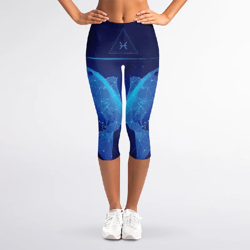 Pisces Horoscope Sign Print Women's Capri Leggings Trendy Fitness Leggings