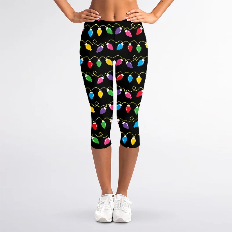 Pixel Christmas Lights Print Women's Capri Leggings Comfortable Zip-Up Leggings