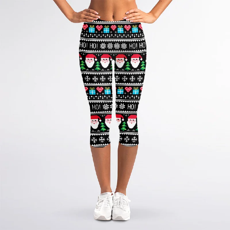 Pixel Christmas Santa Claus Print Women's Capri Leggings Elegant Textured Leggings