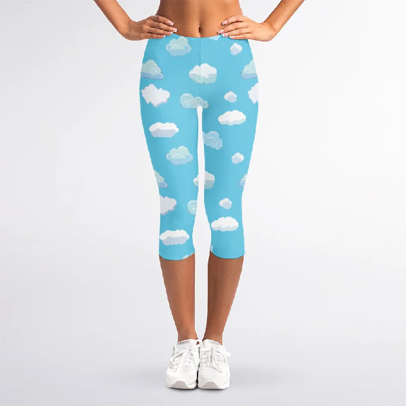 Pixel Cloud Pattern Print Women's Capri Leggings Stylish Sweat-Proof Leggings