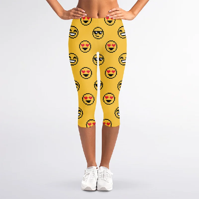 Pixel Emoji Pattern Print Women's Capri Leggings Comfortable Printed Workout Leggings