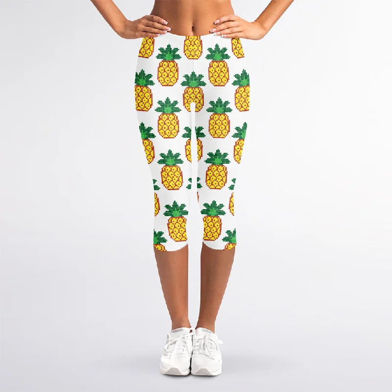 Pixel Pineapple Pattern Print Women's Capri Leggings Cozy Lounge Pants Leggings