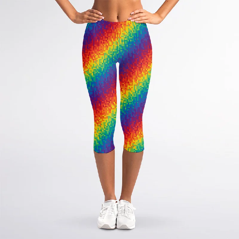 Pixel Rainbow Pattern Print Women's Capri Leggings Fashionable Solid Color Tights