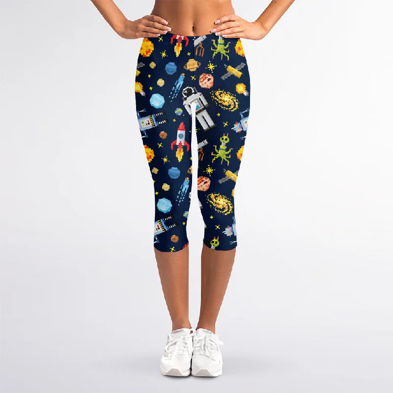 Pixel Space Pattern Print Women's Capri Leggings Trendy Adjustable Waist Leggings