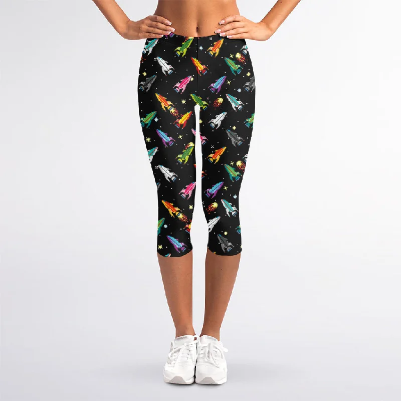 Pixel Spaceships Pattern Print Women's Capri Leggings Chic Printed Yoga Pants