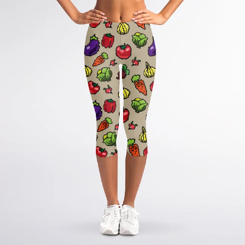 Pixel Vegetables Pattern Print Women's Capri Leggings Comfortable Ribbed Waistband Leggings