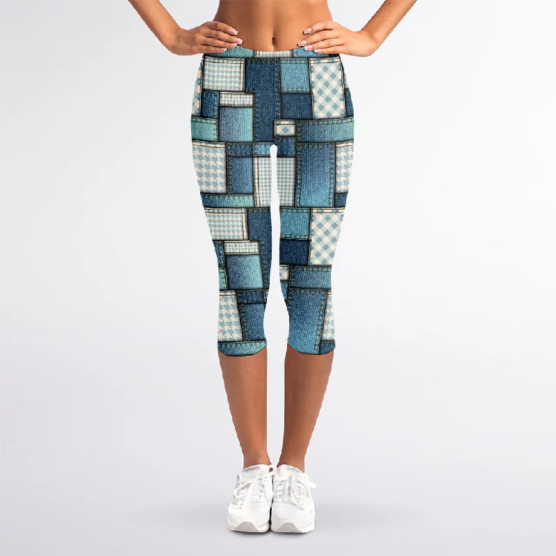 Plaid And Denim Patchwork Pattern Print Women's Capri Leggings Stylish Stretch Pants Leggings